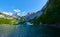 Beautiful Hinterer Gosausee lake landscape with Dachstein mountains in Austrian Alps. Salzkammergut region.