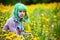 Beautiful hipster alternative young woman with green hair sits in grass with dandelion in park