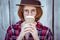 beautiful hipster woman drinking coffee