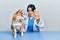 Beautiful hispanic veterinarian woman checking dog health with open hand doing stop sign with serious and confident expression,