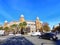 Beautiful historic red brick building with egg-shaped turrets in Barcelona.