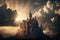 Beautiful historical medieval castle with amazing sun at sunset, clouds and warm glow. Ai generated