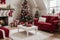 Beautiful holdiay decorated room with Christmas tree with presents under it