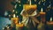 Beautiful holiday decorated with golden candles with a holiday bow and sacred, cinematic