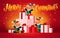 Beautiful holiday illustration with three santa elves at big pile of christmas presents decorated with bows and ribbons on red bac