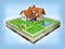Beautiful home for sale realestate sign. Little cottage on a piece of earth in cross section. 3D illustration.