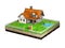 Beautiful home for sale realestate sign. Little cottage on a piece of earth in cross section. 3D illustration.