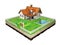 Beautiful home for sale realestate sign. Little cottage on a piece of earth in cross section. 3D illustration.