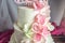 Beautiful home wedding four-tiered cake decorated with pink and green fondant handmade