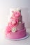 A beautiful home wedding four-tiered cake decorated with pink roses and leaves in a rustic style