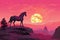 Beautiful horse on the background of a large moon in pink colors, illustration. Generative AI