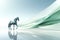 beautiful horse in a big futuristic space, symbolizing dynamic innovation and forward-thinking in business.