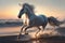 Beautiful Horse running on a beach at sunset. Stallion Running on the beach splashing waves at sunrise. Ai generated