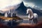A beautiful horse stands against the backdrop of a castle and rocky mountains. AI Generated