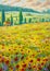 Beautiful houses in flower mountains oil painting. Mountain summer floral landscape