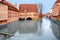 Beautiful houses on the river Pegnitz in the ancient Bavarian city of Nuremberg, a concept of architecture and tourism