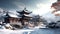 Beautiful houses and temples in Korean style. The scenery of Korea during the winter. AI Generative