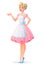 Beautiful housewife in pink dress and apron presenting. Vector illustration.