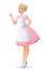 Beautiful housewife in pink dress finger point up. Vector illustration.