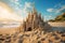 A beautiful huge sand castle built on the ocean shore. Sunset sky with clouds.