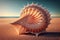 Beautiful huge shell on the beach. Sunny summer day. AI generated. Travel vacation concept