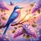 A beautiful huming bird in lilac, blue and pink colors, on sunset, whimsical, a painting art with nature, flower