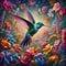 A beautiful humingbird in a garden, with vibrant explosion flowers, its feathers echoing the colors of blooming petals, painting