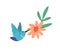 Beautiful humming bird or colibri with spread wings flying near bright blossomed flower. Colored flat vector