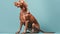 Beautiful hungarian vizsla dog full body studio portrait blue background