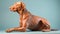 Beautiful hungarian vizsla dog full body studio portrait blue background