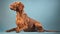 Beautiful hungarian vizsla dog full body studio portrait blue background