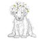 Beautiful Husky in a wreath of lilies. Lovely puppy in a flower wreath. Pedigree dog. Vector illustration.A cute puppy.