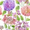 Beautiful hydrangea flowers with green leaves against white background. Seamless floral pattern. Watercolor painting.