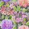 Beautiful hydrangea flowers with green leaves on gray background. Seamless floral pattern in soft colors. Watercolor painting.