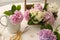 Beautiful hydrangea flowers and scissors on table. Interior design element