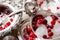 Beautiful ice cubes and red berries closeup.