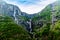 Beautiful idyllic mountain landscape in Norway. Three waterfalls and a mountain view