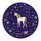 Beautiful illustration of magic starry unicorn inside circle filled with constellations, stars crystals isolated on blue