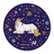 Beautiful illustration of magic unicorn inside circle with constellations, stars, crystals, hearts isolated on blue