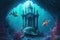 Beautiful illustration of a mermaid castle in deep blue ocean with fantastic fish