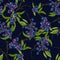 Beautiful illustration pattern foliage and fruit and leaf.  Blueberry bouquet botanical seamless repeat pattern texture background