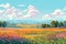 A beautiful illustration of a picturesque landscape with a field of bright flowers under a sunny blue sky