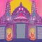 Beautiful illustration of a purple Buddhist temple with two saints in front of the entrance