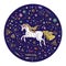 Beautiful illustration of running unicorn inside round with constellations, stars, c hearts and flowers isolated on blue