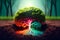 Beautiful illustration of the symbolic magic tree of life.The human brain bursts into colorful tree roots. Generative AI