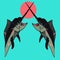 Beautiful illustration of vintage two cute grey marlin fish with unique pink oval above them  in rustic style and blue background.