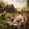 A beautiful image of a country farm with ducks and chickens.