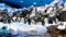 Beautiful image of lots of penguins living on artificial iceberg and cliffs in zoo. Loro Parque, Tenerife, Spain