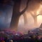 Beautiful Imaginary woodland filled with flowers, mushrooms, and fog. Generative AI