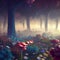 Beautiful Imaginary woodland filled with flowers, mushrooms, and fog. Generative AI